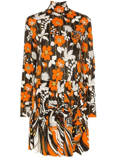 Shop Prada Floral Print Turtleneck Mini Dress - Orange