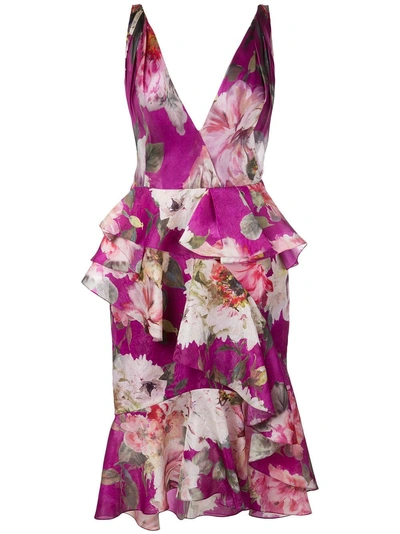 Shop Marchesa Floral Print Peplum Dress In Purple
