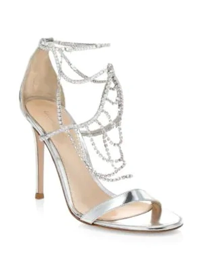 Shop Gianvito Rossi Crystal-embellished Metallic Leather Sandals In Silver