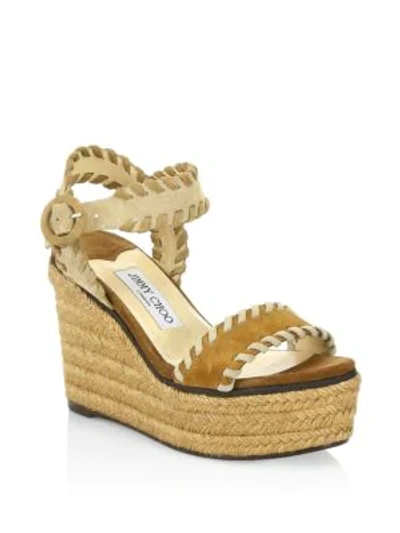 Shop Jimmy Choo Women's Abigail Platform Suede Whipstitch Wedge Sandals In Natural