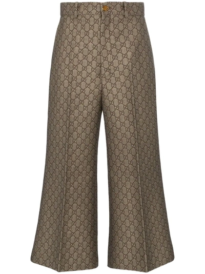 Shop Gucci Gg Jacquard Wide Leg Cotton Wool Blend Trousers - Brown
