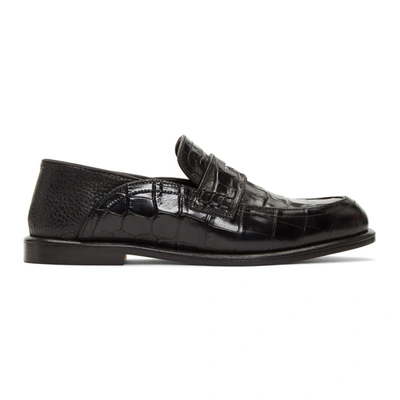 Shop Loewe Black Croc Leather Slip-on Loafers In 1185 Black