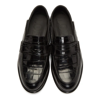 Shop Loewe Black Croc Leather Slip-on Loafers In 1185 Black