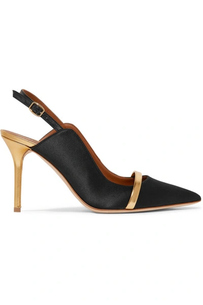 Shop Malone Souliers Marion 85 Metallic Leather-trimmed Satin Slingback Pumps In Black