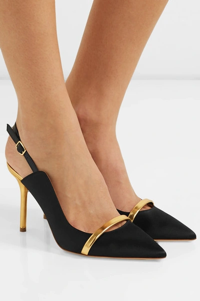 Shop Malone Souliers Marion 85 Metallic Leather-trimmed Satin Slingback Pumps In Black