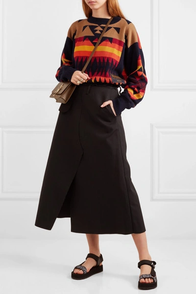 Shop Sacai + Pendleton Shell-trimmed Intarsia Cotton-blend Sweater In Navy