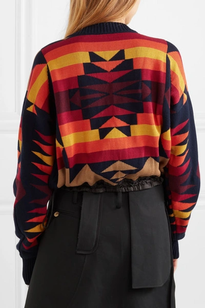 Shop Sacai + Pendleton Shell-trimmed Intarsia Cotton-blend Sweater In Navy