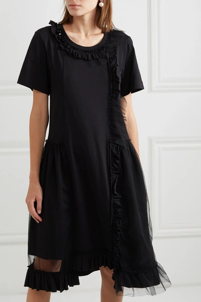 Shop Simone Rocha Embellished Layered Tulle And Cotton-jersey Dress In Black