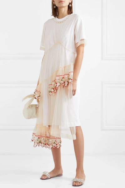 Shop Simone Rocha Layered Embellished Tulle And Cotton-jersey Midi Dress In White