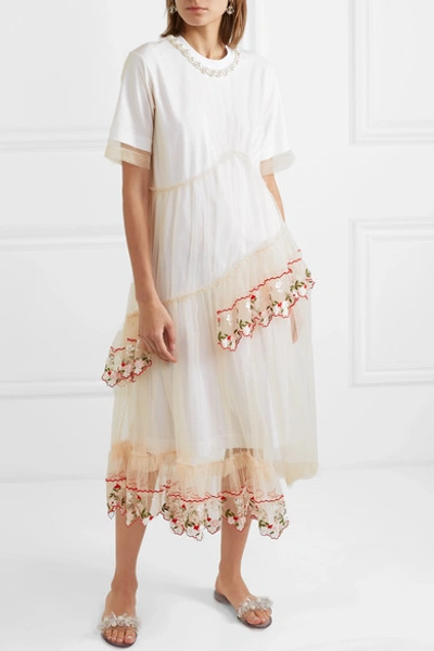 Shop Simone Rocha Layered Embellished Tulle And Cotton-jersey Midi Dress In White