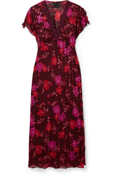 Shop Anna Sui Scattered Flowers Lace-trimmed Silk-blend Jacquard Midi Dress In Burgundy