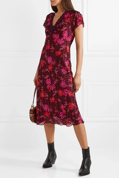 Shop Anna Sui Scattered Flowers Lace-trimmed Silk-blend Jacquard Midi Dress In Burgundy