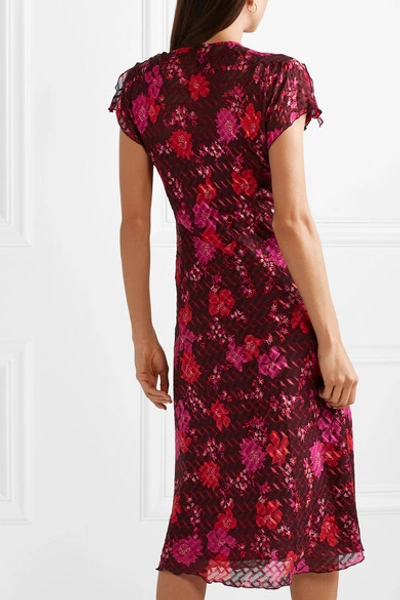 Shop Anna Sui Scattered Flowers Lace-trimmed Silk-blend Jacquard Midi Dress In Burgundy