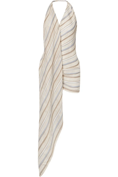 Shop Jacquemus Spezzia Asymmetric Embroidered Cotton And Linen-blend Halterneck Dress In Beige