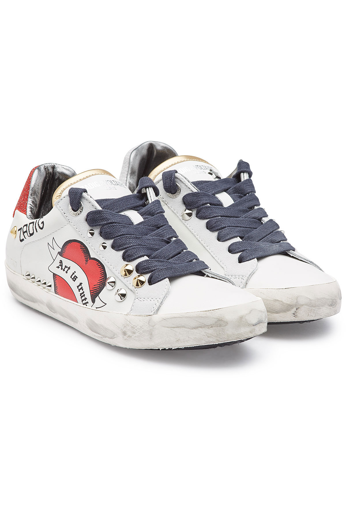 Zadig & Voltaire Distressed Leather Sneakers With Studs In White | ModeSens