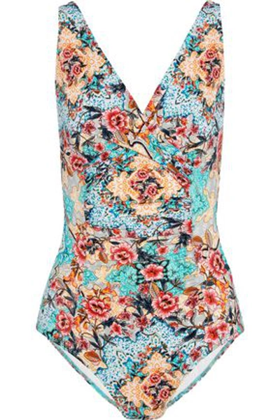 Shop Jets By Jessika Allen Decorum Ruched Floral-print Underwired Swimsuit In Turquoise