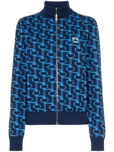 Shop Prada Contrast Print Knitted Bomber Jacket - Blue