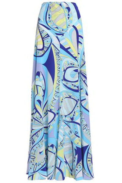 Shop Emilio Pucci Woman Printed Silk Crepe De Chine Maxi Skirt Light Blue