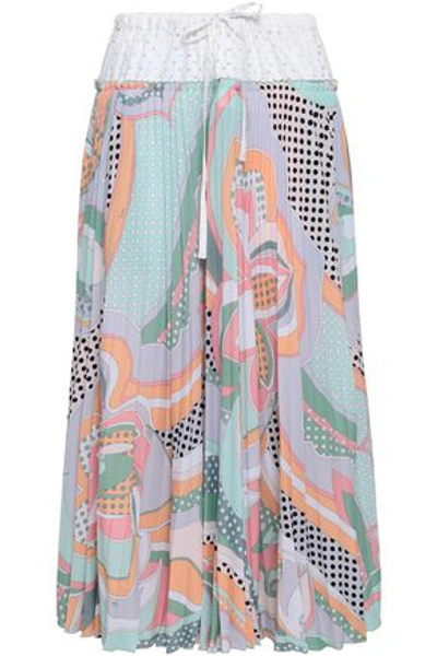 Shop Emilio Pucci Woman Perforated Poplin And Printed Crepe Midi Skirt Mint