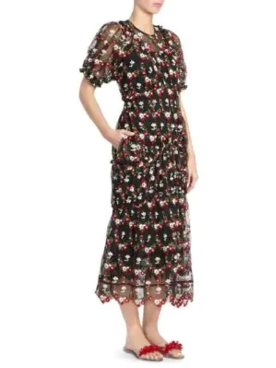 Shop Simone Rocha Floral Embroidered Puff-sleeve Midi Dress In Black Multi