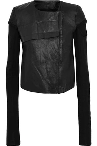 Shop Rick Owens Woman Knit-paneled Leather Biker Jacket Black