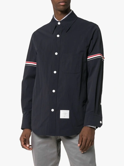 Shop Thom Browne Striped Logo Patch Shirt Jacket In 415 Blue