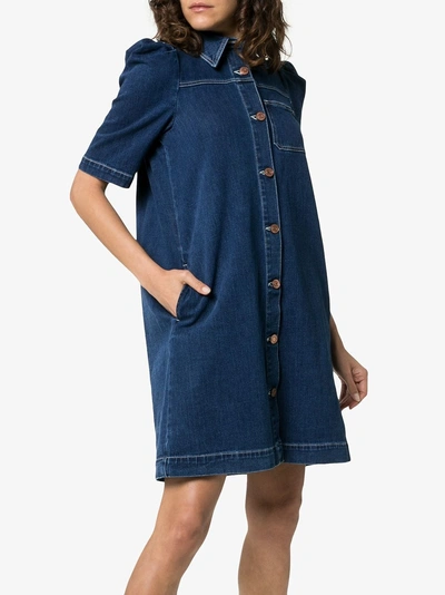 Shop See By Chloé Puff Sleeve Button-down Denim Mini Dress In Blue