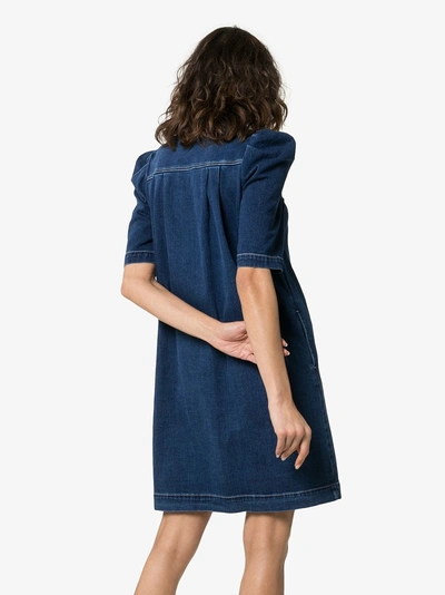 Shop See By Chloé Puff Sleeve Button-down Denim Mini Dress In Blue