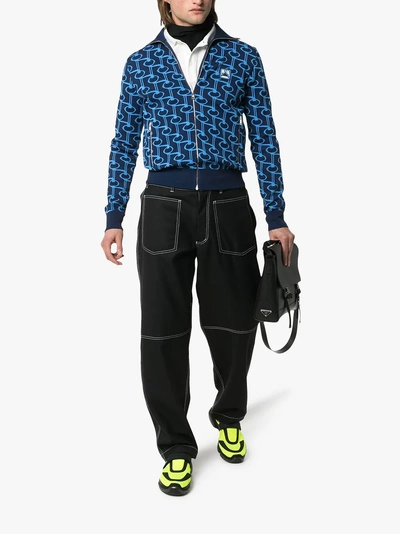 Shop Prada Contrast Print Knitted Bomber Jacket In Blue
