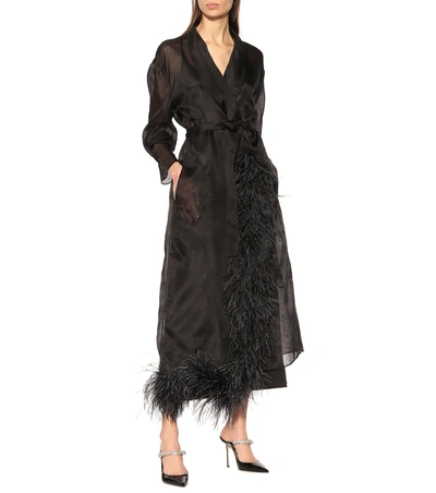 Shop Prada Feather-trimmed Silk Organza Coat In Black