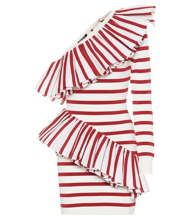 Shop Balmain One-shoulder Striped Knit Dress In Red