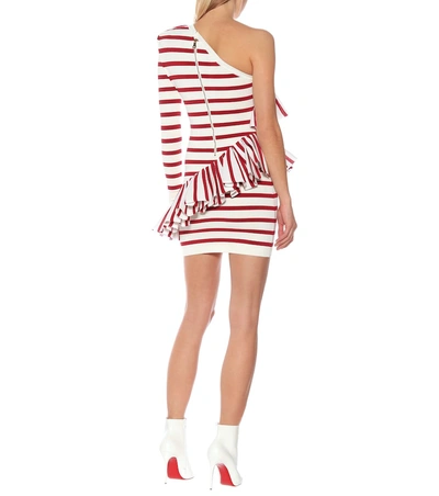 Shop Balmain One-shoulder Striped Knit Dress In Red