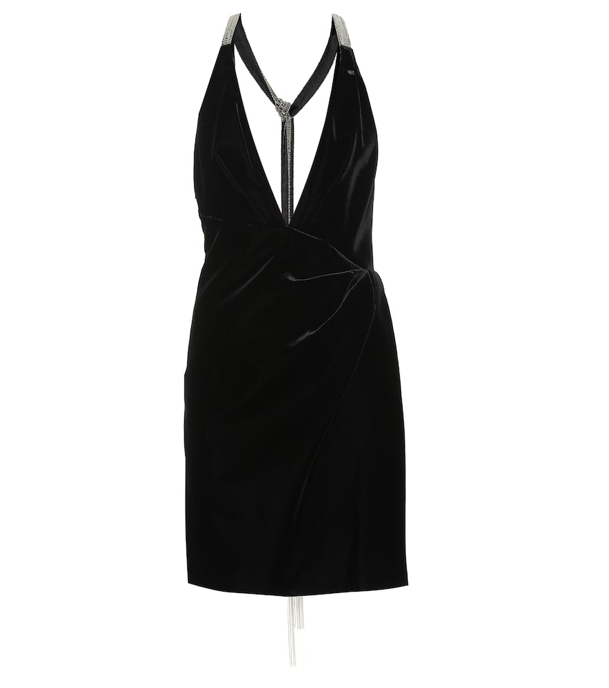 Saint Laurent Crystal-Embellished Velvet Halterneck Mini Dress In Black ...