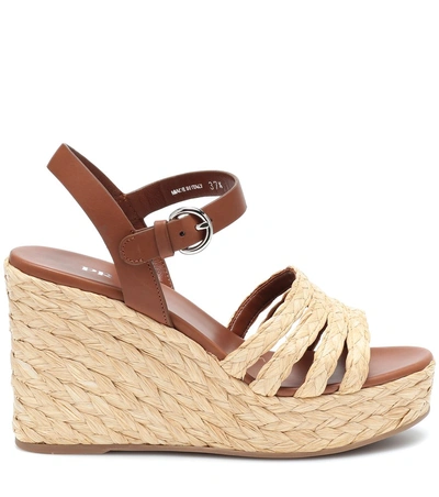 Shop Prada Leather Espadrille Wedge Sandals In Beige