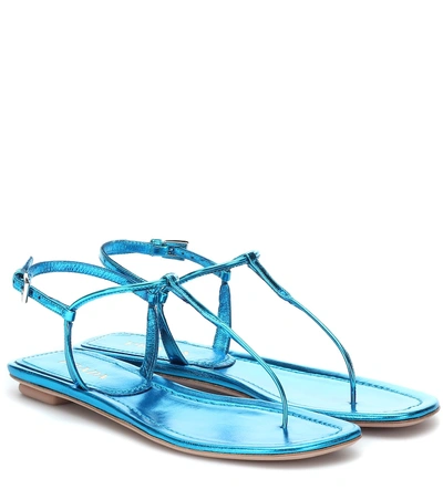 Shop Prada Metallic Leather Sandals In Blue