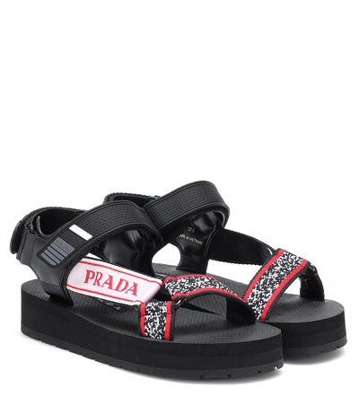 Prada Logo-embossed Rubber-trimmed Leather And Canvas Sandals In Black+red  | ModeSens
