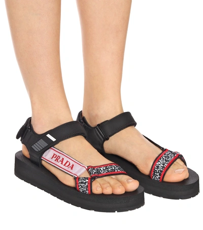 Shop Prada Leather-trimmed Sandals In Black