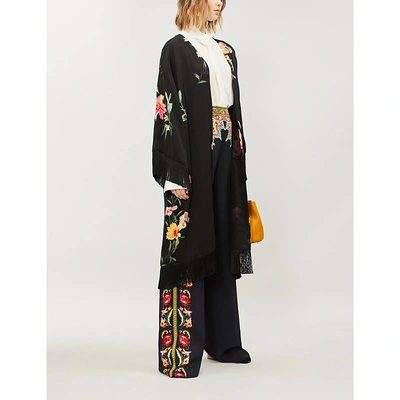 Shop Etro Floral-print Fringed Satin Coat In Multi
