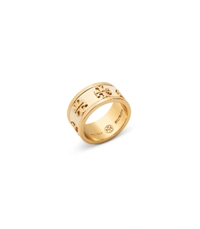 Shop Tory Burch Enameled Raised-logo Ring In New Ivory/tory Gold