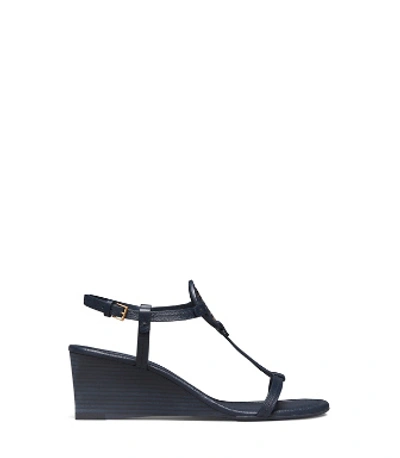 Shop Tory Burch Miller Sandal Wedges, Tumbled Leather In Perfect Navy