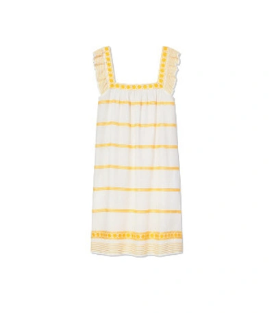 Shop Tory Burch Embroidered Ruffle Sleeveless Dress In New Ivory / Goldfinch