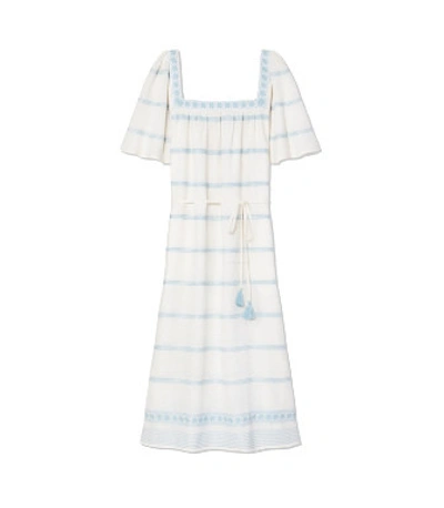 Shop Tory Burch Embroidered Ruffle Dress In New Ivory / Seltzer