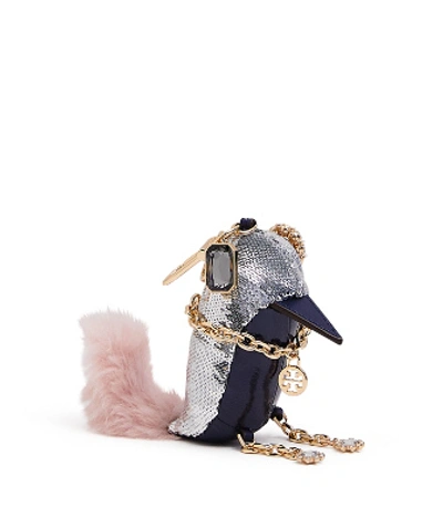 Shop Tory Burch Sequin Bird Key Ring In Silver/shell Pink