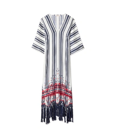Shop Tory Burch Awning Stripe Embroidered Caftan In Tory Navy Bold Awning Stripe