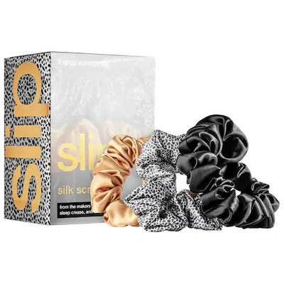 Shop Slip Large Silk Scrunchies Leopard, Black, Caramel