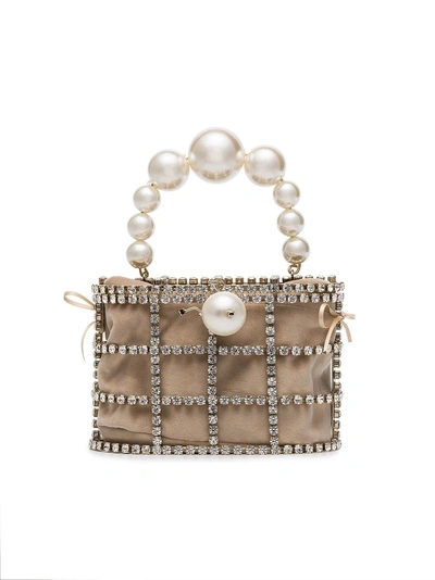 Shop Rosantica Beige Holli Pearl Embellished Brass Cage Bag In Metallic