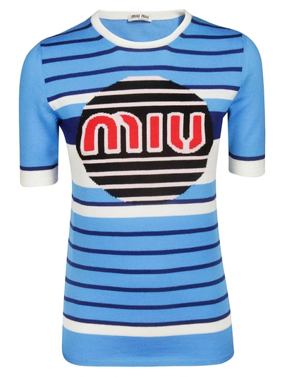 Shop Miu Miu Intarsia Logo Sweater In Azzurro+inchiostro