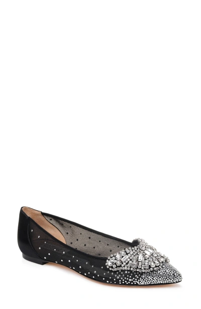 Shop Badgley Mischka Quinn Flat In Black Satin/ Mesh