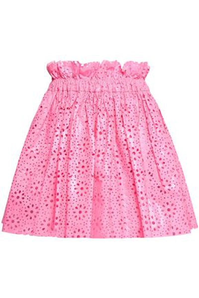 Shop Msgm Laser-cut Coated Cotton Mini Skirt In Bubblegum