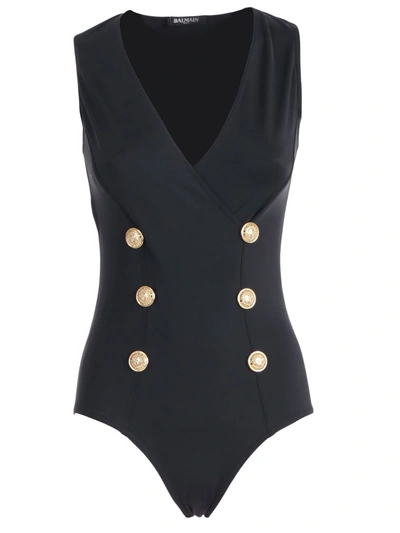 Shop Balmain Buttoned Swimsuit In Opa Black